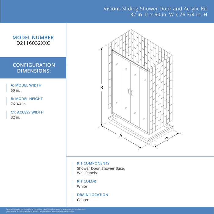 DreamLine D2116032XXC0004 Visions 32"D x 60"W x 78 3/4"H Sliding Shower Door, Base, and White Wall Kit in Brushed Nickel