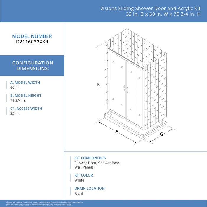 DreamLine D2116032XXR0001 Visions 32"D x 60"W x 78 3/4"H Sliding Shower Door, Base, and White Wall Kit in Chrome