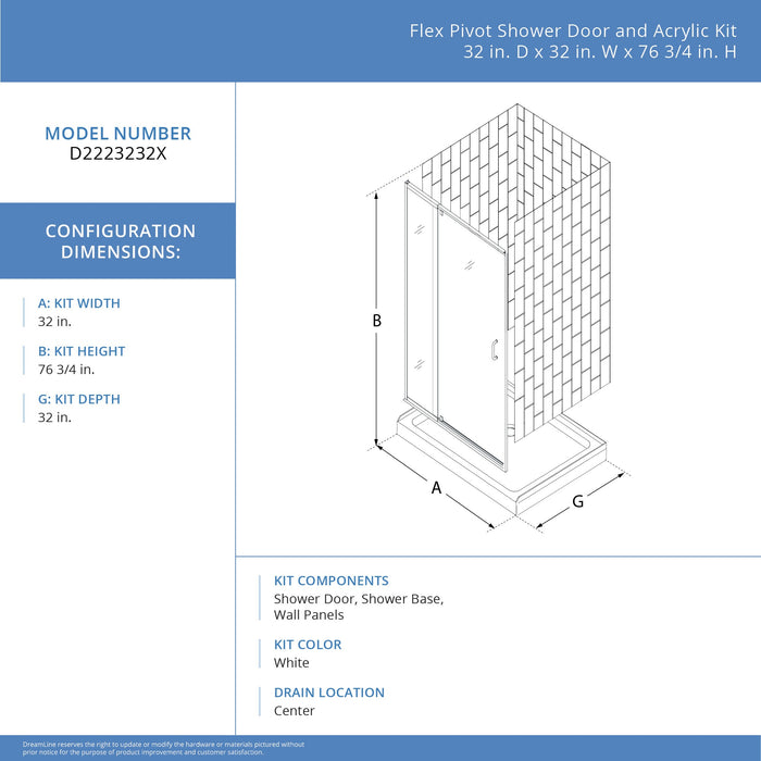 DreamLine D2223232XXC0004 Flex 32"D x 32"W x 78 3/4"H Pivot Shower Door, Base, and White Wall Kit in Brushed Nickel