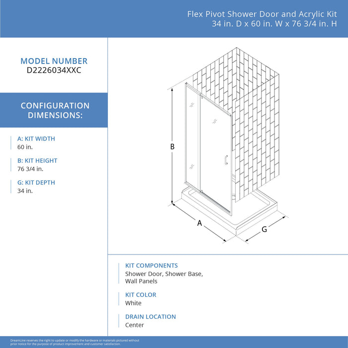 DreamLine D2226034XXC0001 Flex 34"D x 60"W x 78 3/4"H Pivot Shower Door, Base, and White Wall Kit in Chrome
