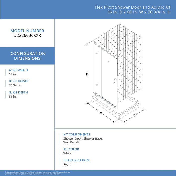 DreamLine D2226036XXR0004 Flex 36"D x 60"W x 78 3/4"H Pivot Shower Door, Base, and White Wall Kit in Brushed Nickel