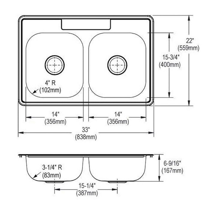 Elkay DW50233223 33" x 22" Stainless Steel 3-Hole Double-Bowl Drop-In Sink in Satin