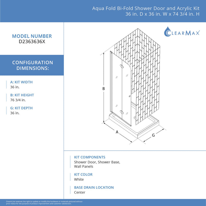 DreamLine D2363636XXC0001 Aqua Fold 36"D x 36"W x 78 3/4"H Bi-Fold Shower Door, Base, and White Wall Kit in Chrome