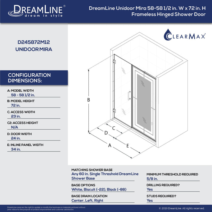 DreamLine D245872M12-01 Unidoor Mira 58-58 1/4"W x 72"H Frameless Hinged Shower Door in Chrome