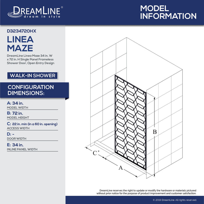 DreamLine D3234720HX-09 Linea Maze 34"W x 72"H Single Panel Frameless Shower Door, Open Entry Design in Satin Black