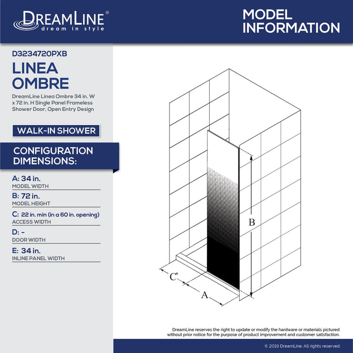 DreamLine D3234720PXB-01 Linea Ombre 34"W x 72"H Single Panel Frameless Shower Screen in Chrome