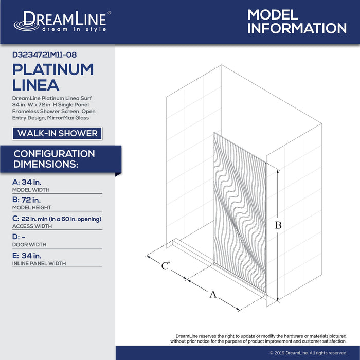 DreamLine D3234721M11-08 Platinum Linea Surf 34"W x 72"H Single Panel Frameless Shower Screen in Polished Stainless Steel