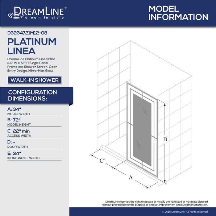 DreamLine D3234721M12-08 Linea Mira 34"W x 72"H Single Panel Frameless Shower Screen in Polished Stainless Steel