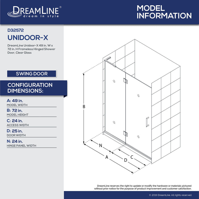 DreamLine D32572L-09 Unidoor-X 49"W x 72"H Frameless Hinged Shower Door in Satin Black