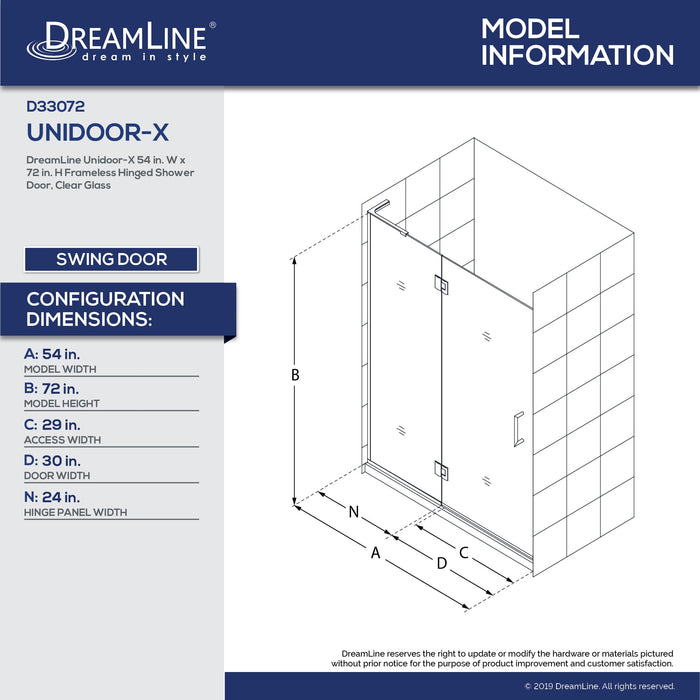 DreamLine D33072R-04 Unidoor-X 54"W x 72"H Frameless Hinged Shower Door in Brushed Nickel