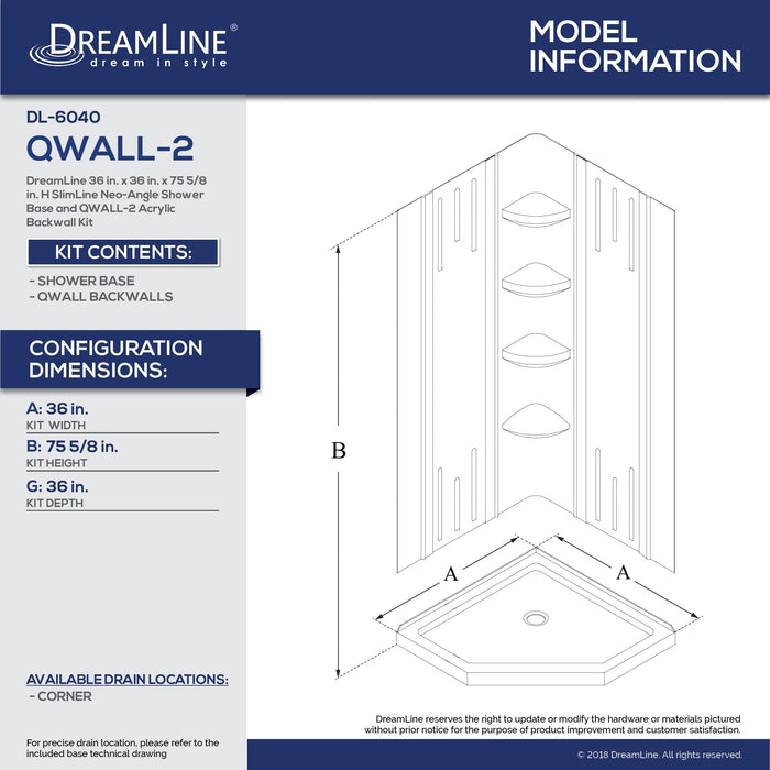 DreamLine DL-6040C-01 36" x 36" x 75 5/8"H Neo-Angle Shower Base and QWALL-2 Acrylic Corner Backwall Kit in White
