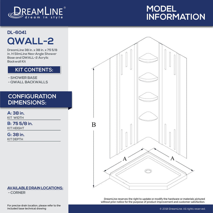 DreamLine DL-6041C-01 38" x 38" x 75 5/8"H Neo-Angle Shower Base and QWALL-2 Acrylic Corner Backwall Kit in White