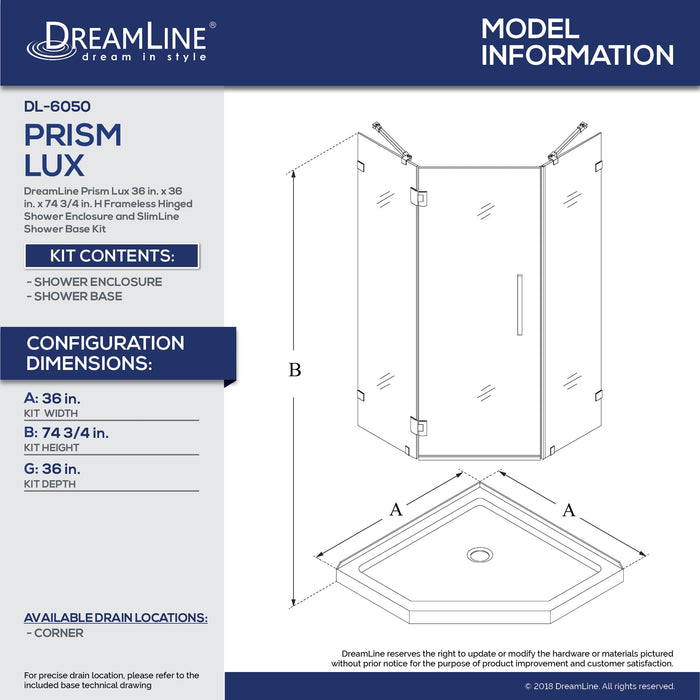 DreamLine DL-6050-01 Prism Lux 36" x 74 3/4" Fully Frameless Neo-Angle Shower Enclosure in Chrome with White Base