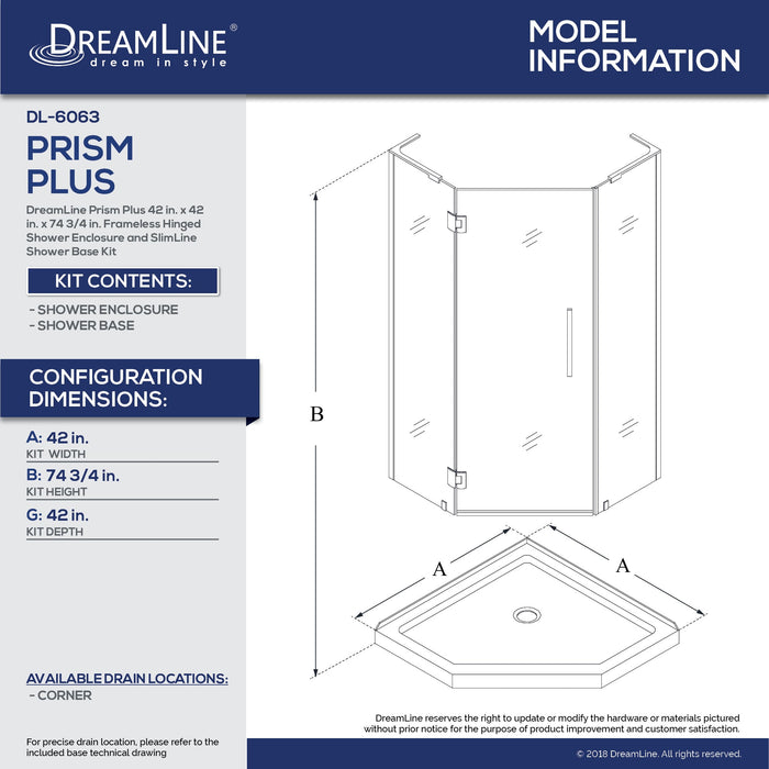 DreamLine DL-6063-88-09 Prism Plus 42" x 74 3/4" Frameless Neo-Angle Shower Enclosure in Satin Black with Black Base