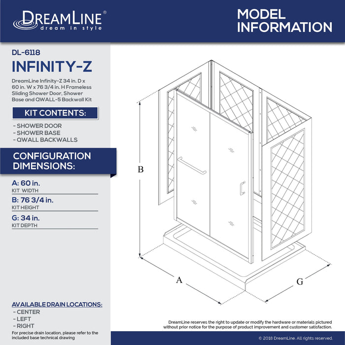 DreamLine DL-6118C-04CL Infinity-Z 34"D x 60"W x 76 3/4"H Clear Sliding Shower Door in Brushed Nickel, Center Drain Base and Backwalls