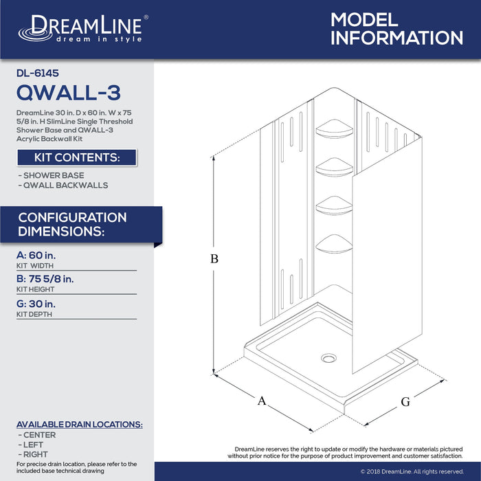 DreamLine DL-6145R-01 30"D x 60"W x 75 5/8"H Right Drain Acrylic Shower Base and QWALL-3 Backwall Kit In White - Bath4All