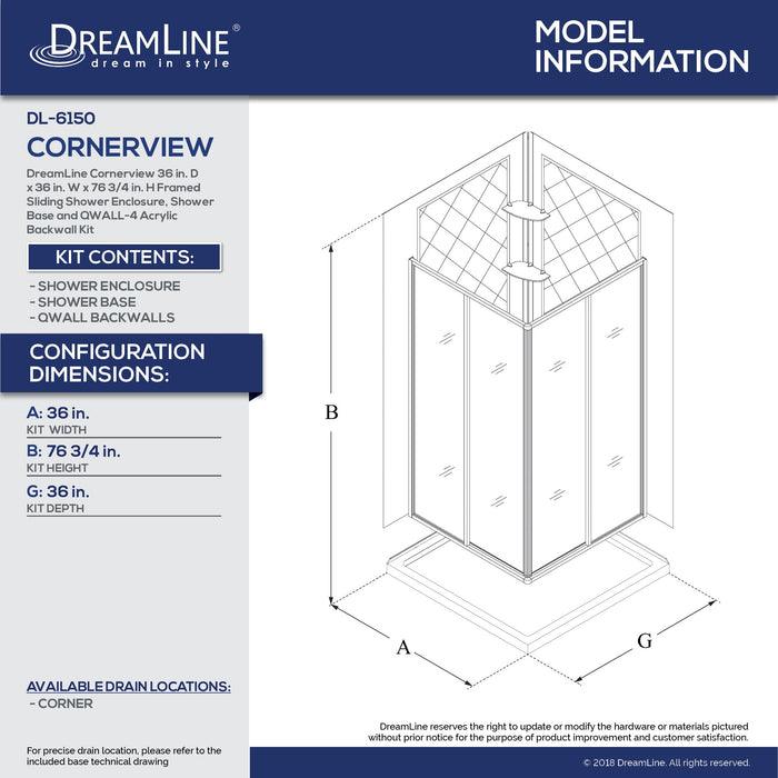 DreamLine DL-6150-01 Cornerview 36"D x 36"W x 76 3/4"H Framed Sliding Shower Enclosure in Chrome with White Base and Backwalls - Bath4All