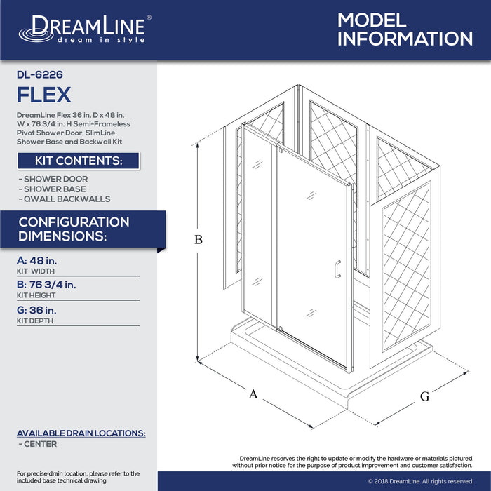 DreamLine DL-6226C-01 Flex 36"D x 48"W x 76 3/4"H Semi-Frameless Shower Door in Chrome with Center Drain White Base and Backwalls