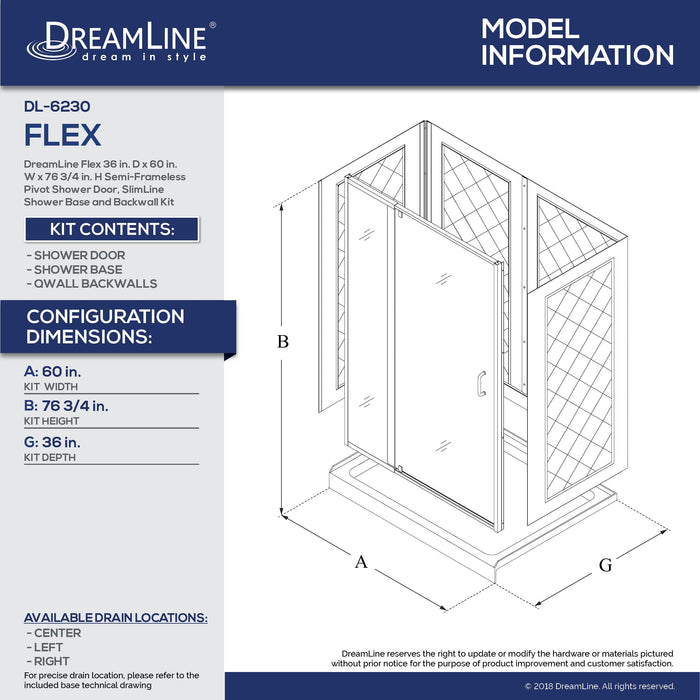 DreamLine DL-6230R-01 Flex 36"D x 60"W x 76 3/4"H Semi-Frameless Shower Door in Chrome with Right Drain White Base and Backwalls