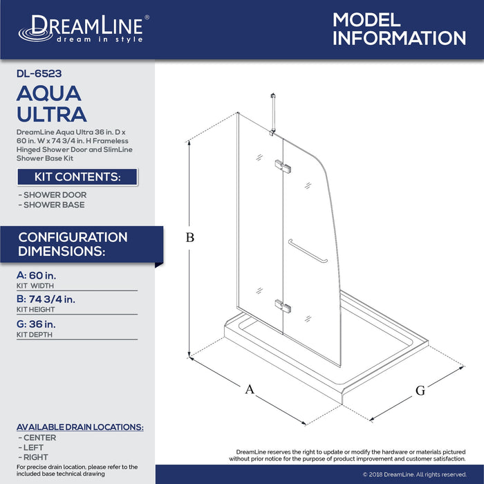 DreamLine DL-6523L-22-04 Aqua Ultra 36"D x 60"W x 74 3/4"H Frameless Shower Door in Brushed Nickel and Left Drain Biscuit Base Kit