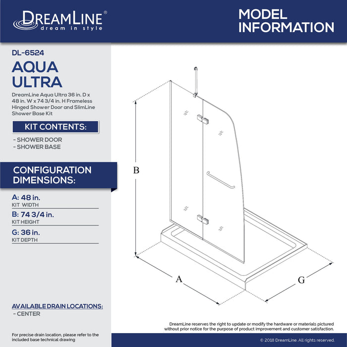 DreamLine DL-6524C-01CL Aqua Ultra 36"D x 48"W x 74 3/4"H Frameless Shower Door in Chrome and Center Drain White Base Kit