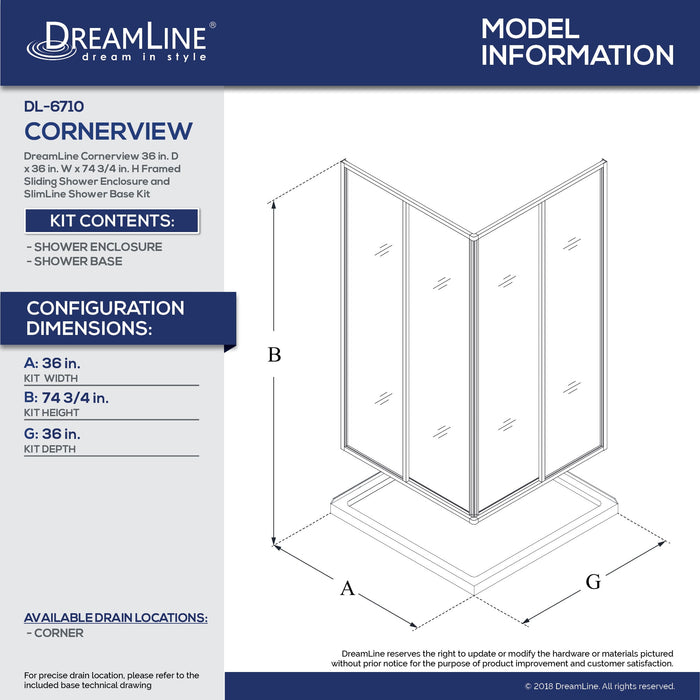 DreamLine DL-6710-01 Cornerview 36"D x 36"W x 74 3/4"H Framed Sliding Shower Enclosure in Chrome with White Acrylic Base Kit - Bath4All