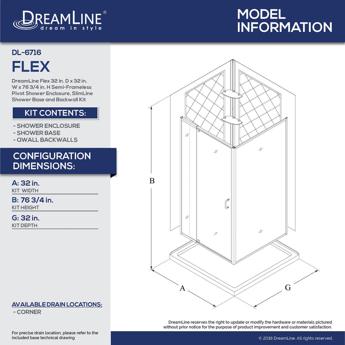 DreamLine DL-6716-01CL Flex 32"D x 32"W x 76 3/4"H Semi-Frameless Shower Enclosure in Chrome with Corner Drain Base and Backwalls