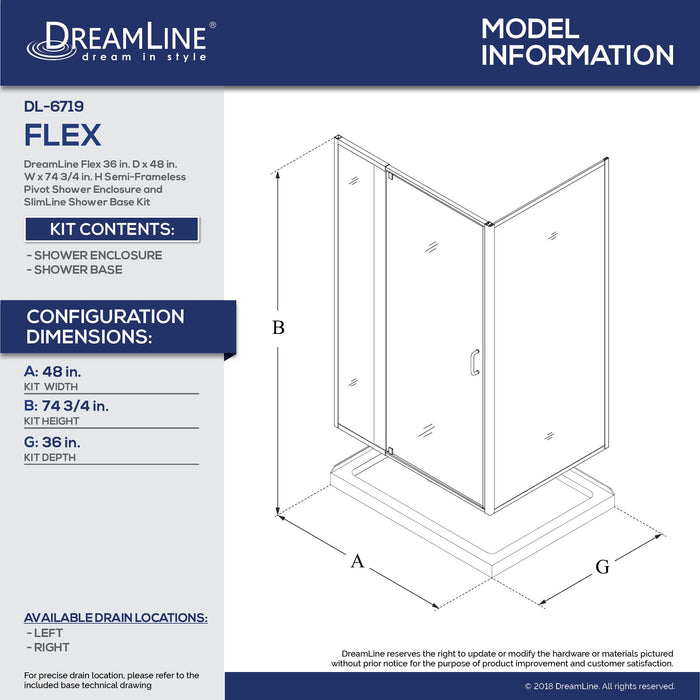 DreamLine DL-6719R-22-01 Flex 36"D x 48"W x 74 3/4"H Semi-Frameless Pivot Shower Enclosure in Chrome and Right Drain Biscuit Base Kit