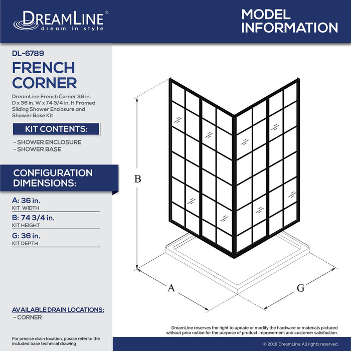 DreamLine DL-6789-09 French Corner 36"D x 36"W x 74 3/4"H Sliding Shower Enclosure in Satin Black and Corner Drain Black Base Kit