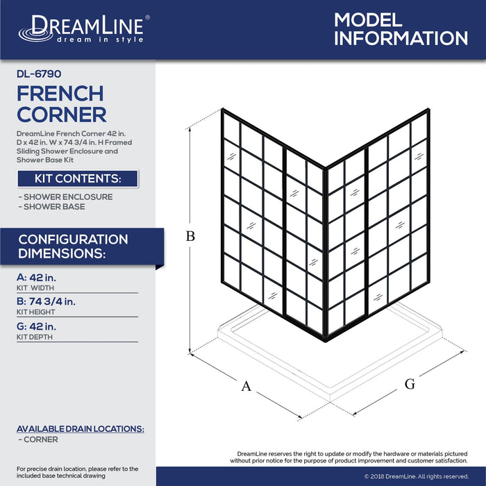 DreamLine DL-6790-09 French Corner 42"D x 42"W x 74 3/4"H Framed Sliding Shower Enclosure in Satin Black and Black Base