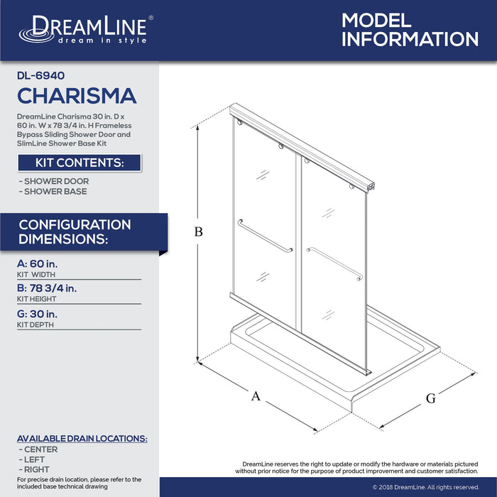DreamLine DL-6940C-88-01 Charisma 30"D x 60"W x 78 3/4"H Frameless Bypass Shower Door in Chrome with Center Drain Black Base