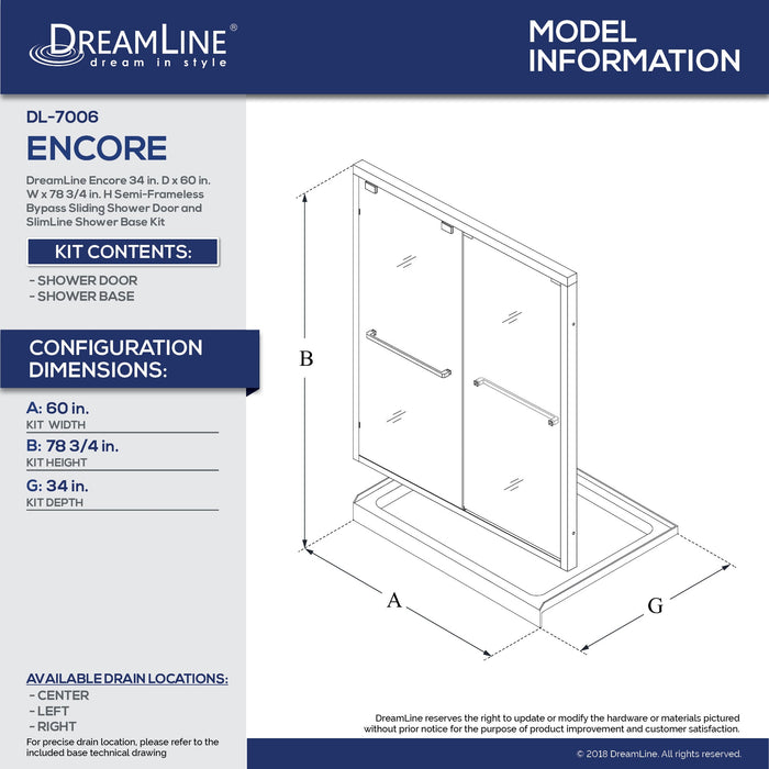 DreamLine DL-7006L-01 Encore 34"D x 60"W x 78 3/4"H Bypass Shower Door in Chrome and Left Drain White Base Kit