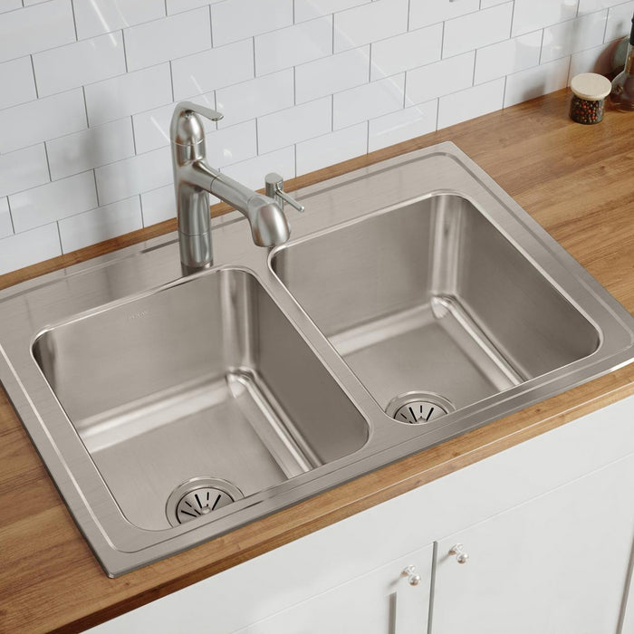 Elkay DLR3322121 33" x 22" Stainless Steel 1-Hole Double-Bowl Drop-In Kitchen Sink in Lustrous Satin