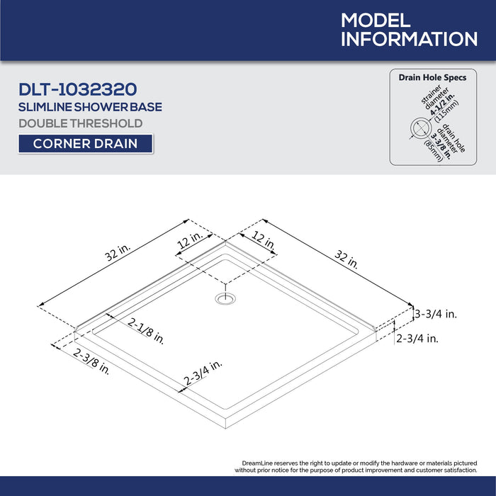 DreamLine DLT-1032320-88 SlimLine 32"D x 32"W x 2 3/4"H Corner Drain Double Threshold Shower Base in Black