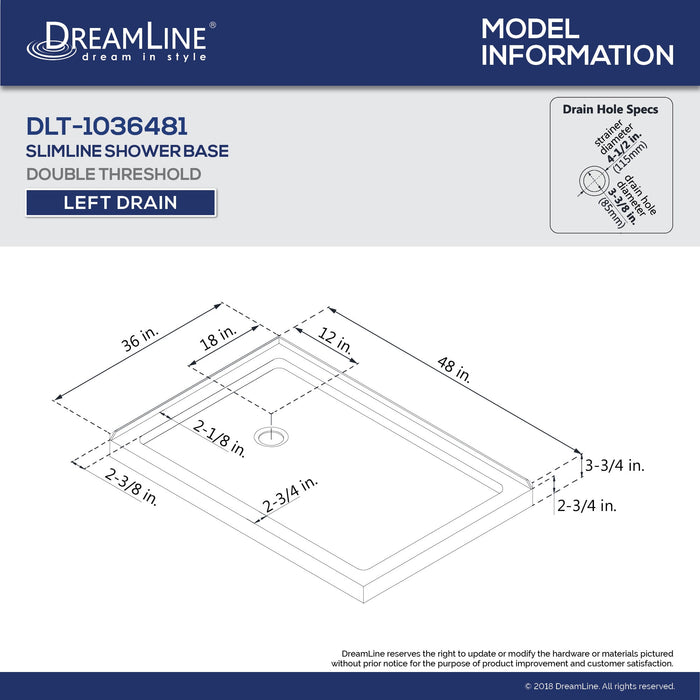 DreamLine DL-6719L-22-01 Flex 36"D x 48"W x 74 3/4"H Semi-Frameless Pivot Shower Enclosure in Chrome with Left Drain Biscuit Base Kit