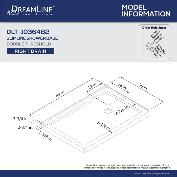 DreamLine DL-6719R-22-01 Flex 36"D x 48"W x 74 3/4"H Semi-Frameless Pivot Shower Enclosure in Chrome and Right Drain Biscuit Base Kit