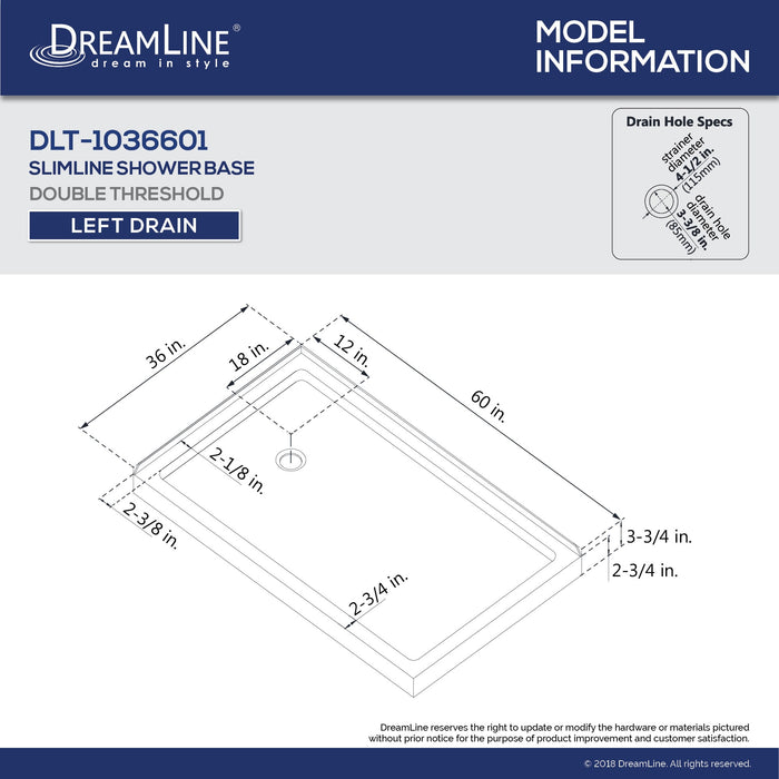 DreamLine DL-6720L-22-01 Flex 36"D x 60"W x 74 3/4"H Semi-Frameless Pivot Shower Enclosure in Chrome with Left Drain Biscuit Base Kit