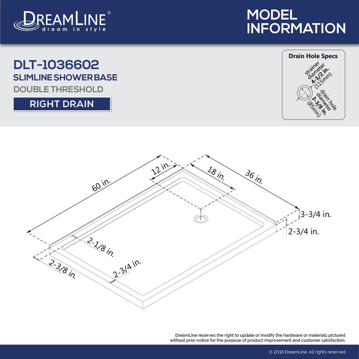 DreamLine DL-6720R-01CL Flex 36"D x 60"W x 74 3/4"H Semi-Frameless Pivot Shower Enclosure in Chrome with Right Drain White Base Kit