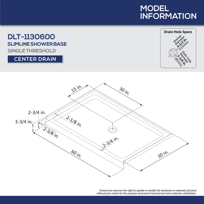 DreamLine DL-6116C-04CL Infinity-Z 30"D x 60"W x 76 3/4"H Clear Sliding Shower Door in Brushed Nickel, Center Drain Shower Base and Backwalls