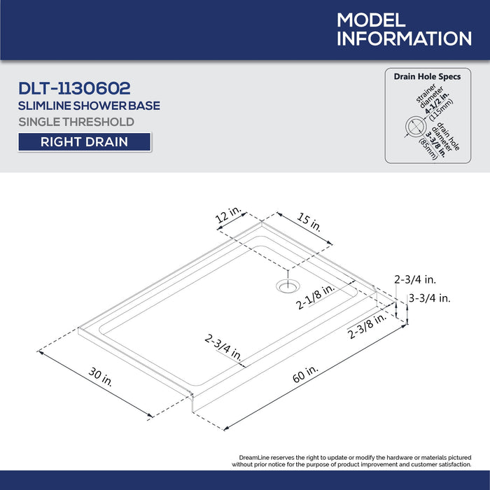 DreamLine DL-6116R-04CL Infinity-Z 30"D x 60"W x 76 3/4"H Clear Sliding Shower Door in Brushed Nickel, Right Drain Base, Backwalls
