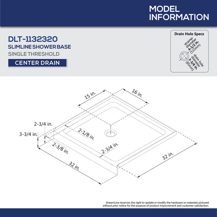 DreamLine DL-6215C-22-01 Flex 32"D x 32"W x 74 3/4"H Semi-Frameless Pivot Shower Door in Chrome with Center Drain Biscuit Base