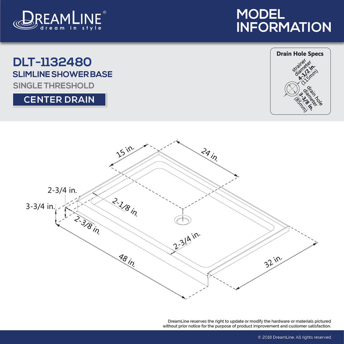 DreamLine DL-6070C-01 32"D x 48"W x 76 3/4"H Center Drain Acrylic Shower Base and QWALL-5 Backwall Kit in White