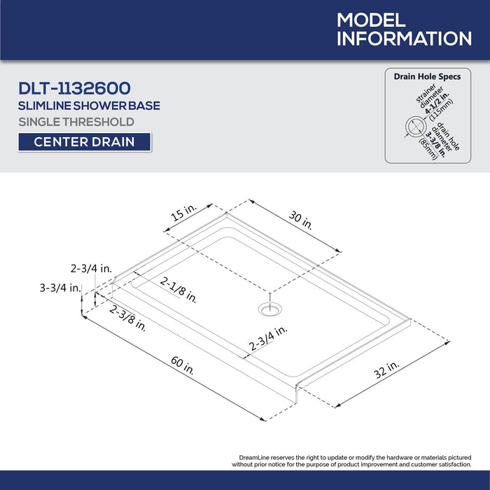 DreamLine DL-6117C-04CL Infinity-Z 32"D x 60"W x 76 3/4"H Clear Sliding Shower Door in Brushed Nickel, Center Drain Shower Base and Backwalls