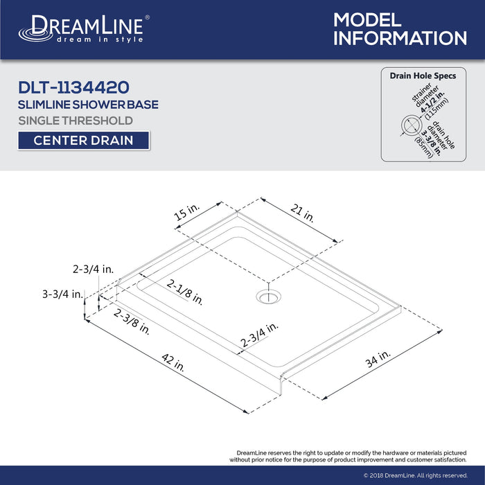 DreamLine DL-6220C-22-01 Flex 34"D x 42"W x 74 3/4"H Semi-Frameless Pivot Shower Door in Chrome with Center Drain Biscuit Base Kit