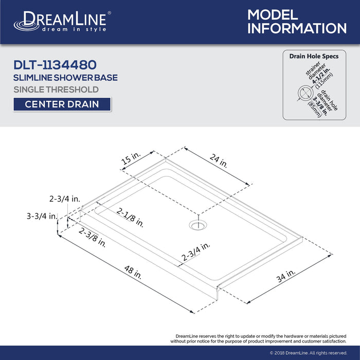 DreamLine DL-6071C-01 34"D x 48"W x 76 3/4"H Center Drain Acrylic Shower Base and QWALL-5 Backwall Kit in White