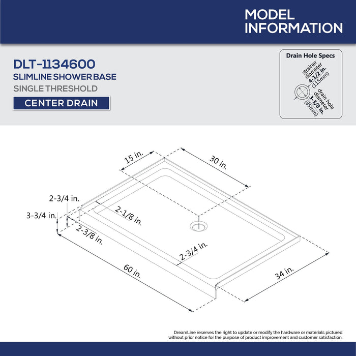 DreamLine DL-6118C-04CL Infinity-Z 34"D x 60"W x 76 3/4"H Clear Sliding Shower Door in Brushed Nickel, Center Drain Base and Backwalls