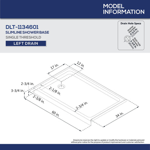 DreamLine DL-6191L-01 34"D x 60"W x 76 3/4"H Left Drain Acrylic Shower Base and QWALL-5 Backwall Kit In White - Bath4All