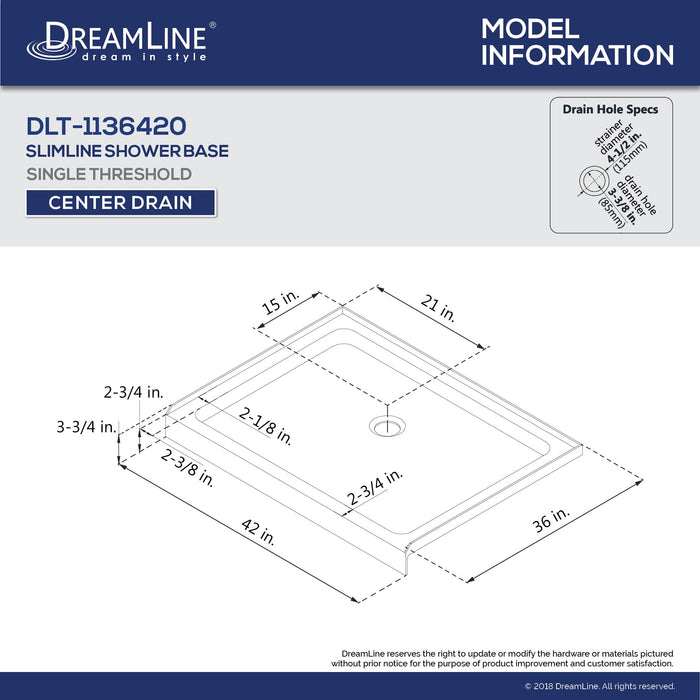 DreamLine DLT-1136420-88 SlimLine 36"D x 42"W x 2 3/4"H Center Drain Single Threshold Shower Base in Black