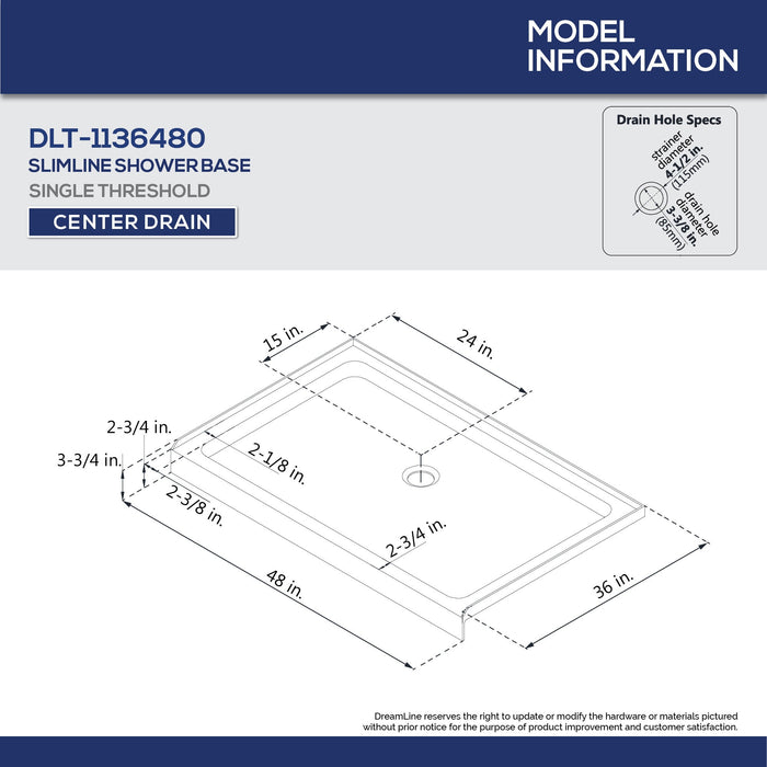 DreamLine DL-6226C-01 Flex 36"D x 48"W x 76 3/4"H Semi-Frameless Shower Door in Chrome with Center Drain White Base and Backwalls