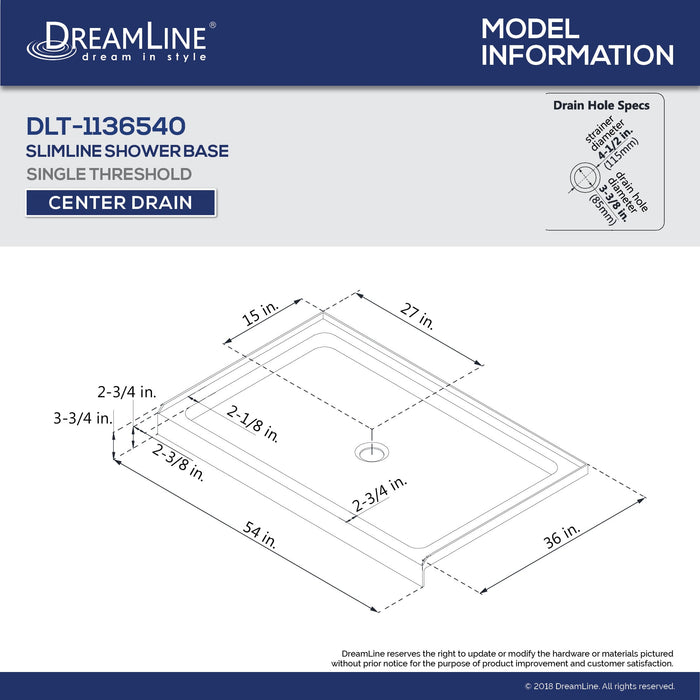 DreamLine DLT-1136540-88 SlimLine 36"D x 54"W x 2 3/4"H Center Drain Single Threshold Shower Base in Black